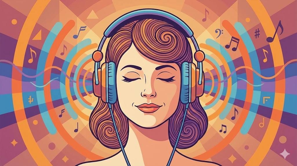 Close-up of AirPods Pro in ear with sound wave visualization Future Tech Concept